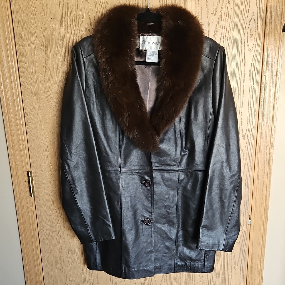 Chadwicks Dark Brown Leather Jacket with Genuine Fox Fur Collar